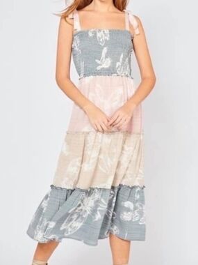entro Tiered Smocked Midi Dress in Gray, Pink & Cream